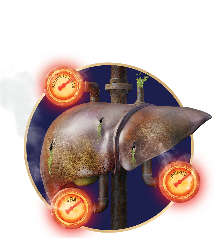 A circle window showing a liver with spilling bile, punctured by a rusty pole, and surrounded by glowing red gauges with steam billowing