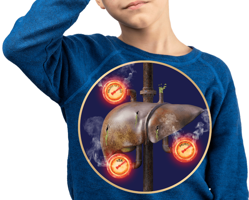 A circle window showing a liver with spilling bile surrounded by 3 glowing red gauges on the stomach of a young boy wearing blue sweater