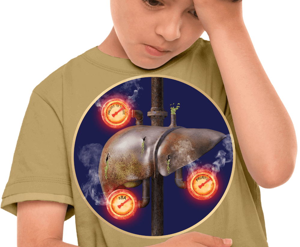 A circle window showing a liver with spilling bile surrounded by 3 glowing red gauges on the stomach of a young boy wearing a gold shirt